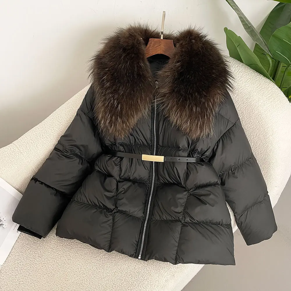 2024 New Winter Large Real Natural Raccoon Fur Puffer Jacket Women Lace-up Waist Warm Fluffy Parka White Duck Down Coat Female