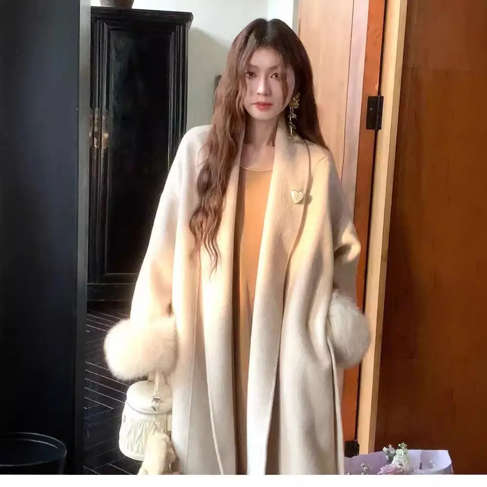 2024 Autumn Winter New Bathrobe Double-sided Cashmere Coat Women Fox Fur Cuffs Long Woolen Coat Real Fox Fur Jacket Female