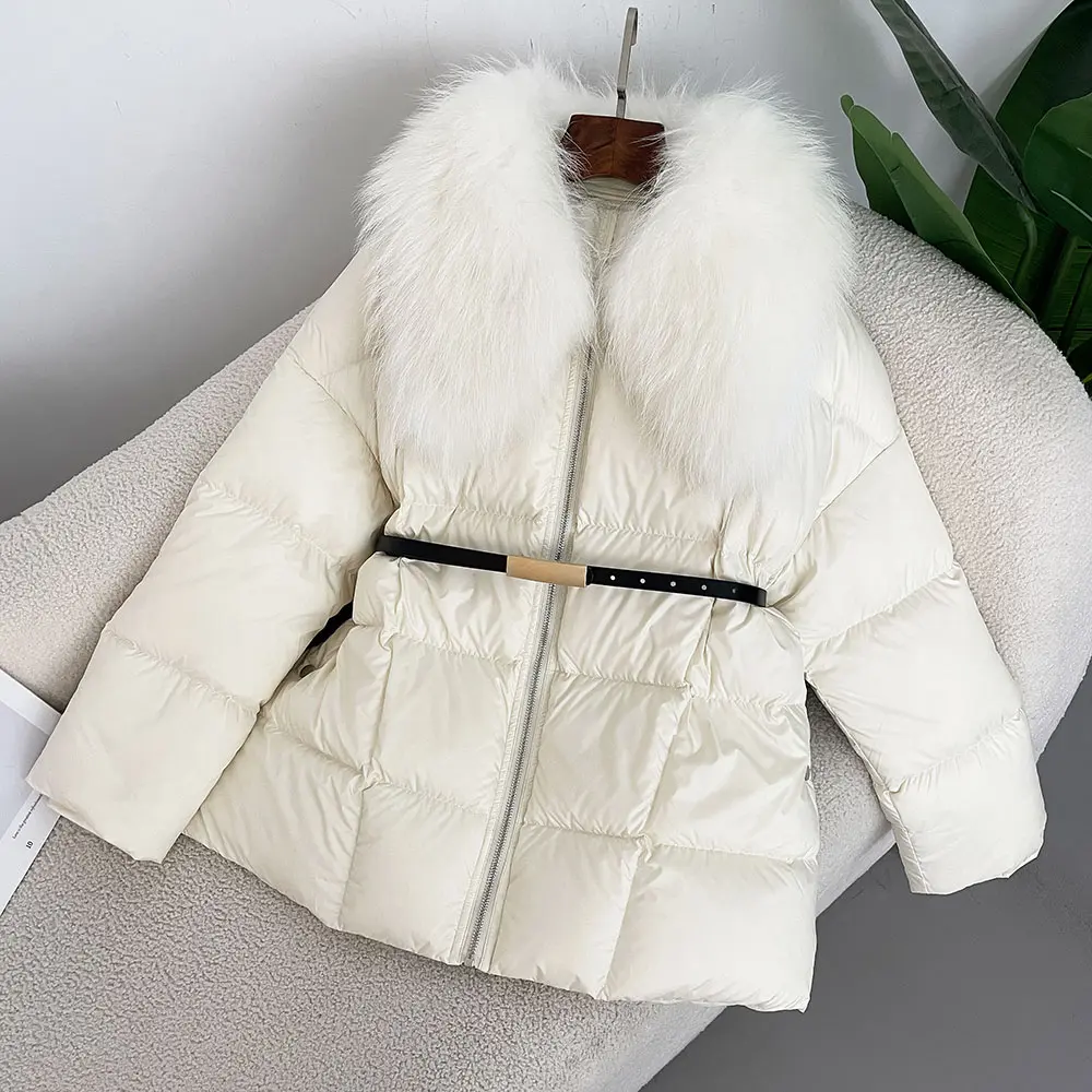2024 New Winter Large Real Natural Raccoon Fur Puffer Jacket Women Lace-up Waist Warm Fluffy Parka White Duck Down Coat Female