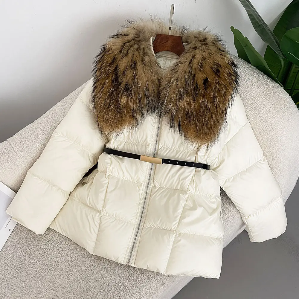 2024 New Winter Large Real Natural Raccoon Fur Puffer Jacket Women Lace-up Waist Warm Fluffy Parka White Duck Down Coat Female