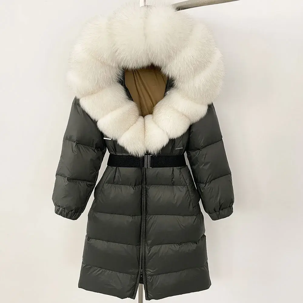 New Natural Thick Warm 90% White Duck Down Coat Long Winter Jacket Women Real Big Fox Fur Collar Belt Loose Puffer Parka