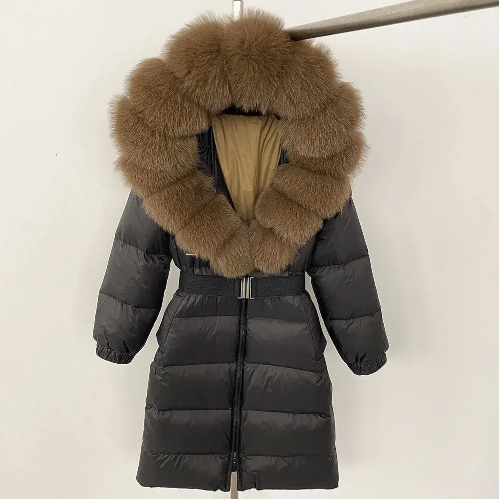 New Natural Thick Warm 90% White Duck Down Coat Long Winter Jacket Women Real Big Fox Fur Collar Belt Loose Puffer Parka