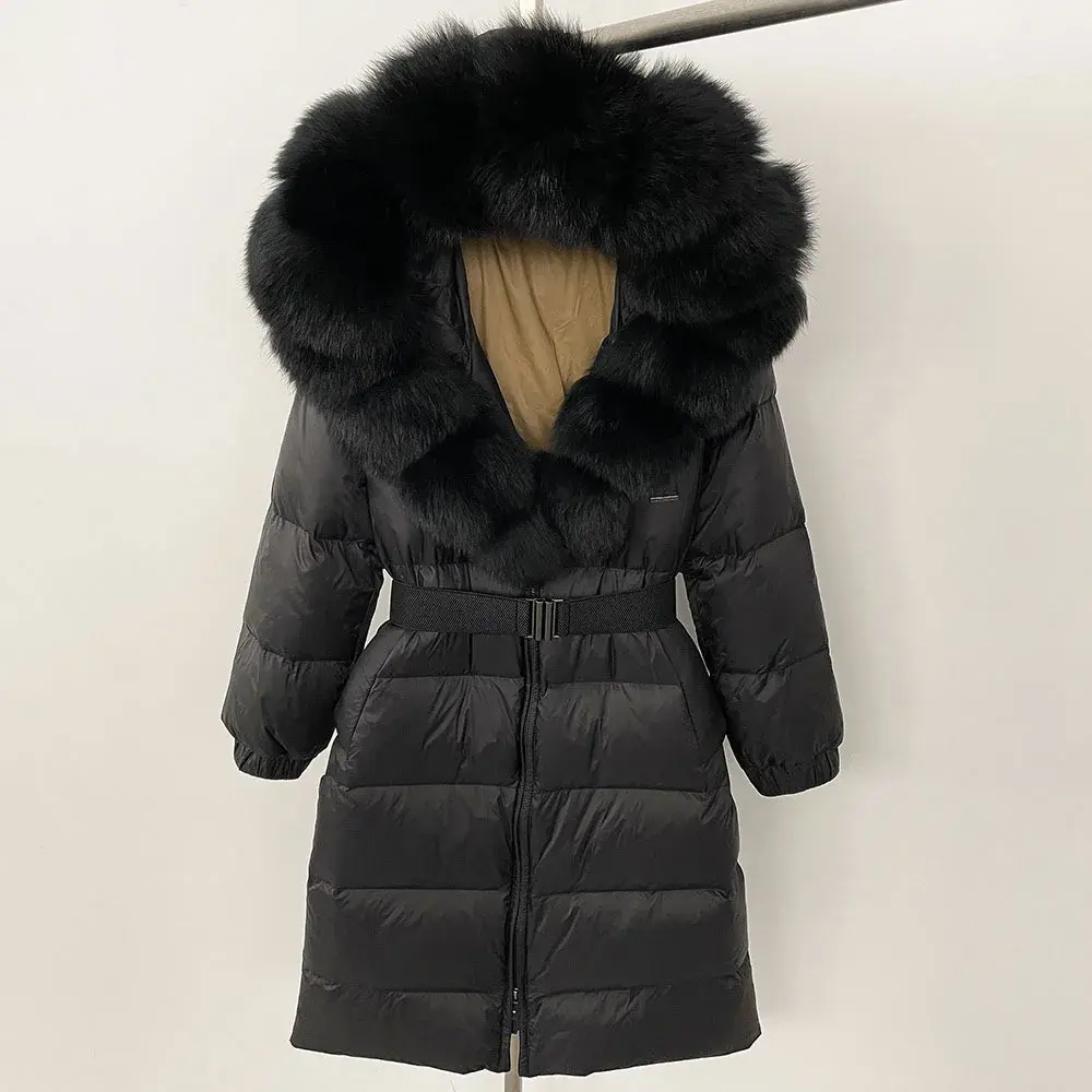 New Natural Thick Warm 90% White Duck Down Coat Long Winter Jacket Women Real Big Fox Fur Collar Belt Loose Puffer Parka