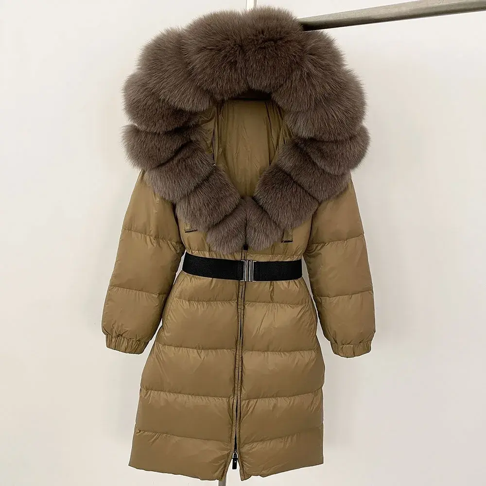 New Natural Thick Warm 90% White Duck Down Coat Long Winter Jacket Women Real Big Fox Fur Collar Belt Loose Puffer Parka