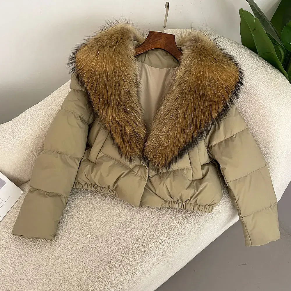 2024 New Winter Real Fox Fur Jacket Women Big Real Fox Fur Collar Natural Thick Warm Duck Down Coat Short Outerwear Streetwear