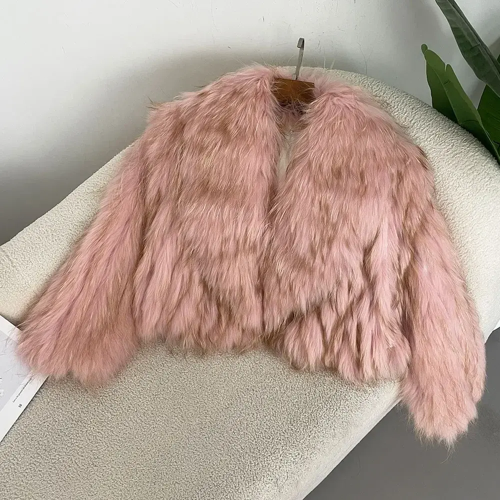 New Fluffy Luxury Fur Knitted Coat Women Winter Overcoat Real Natural Raccoon Fur Jacket Natural Fur Collar Outerwear Short