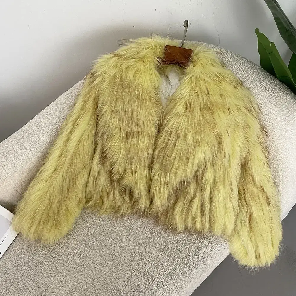 New Fluffy Luxury Fur Knitted Coat Women Winter Overcoat Real Natural Raccoon Fur Jacket Natural Fur Collar Outerwear Short