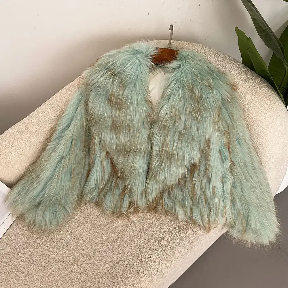 New Fluffy Luxury Fur Knitted Coat Women Winter Overcoat Real Natural Raccoon Fur Jacket Natural Fur Collar Outerwear Short