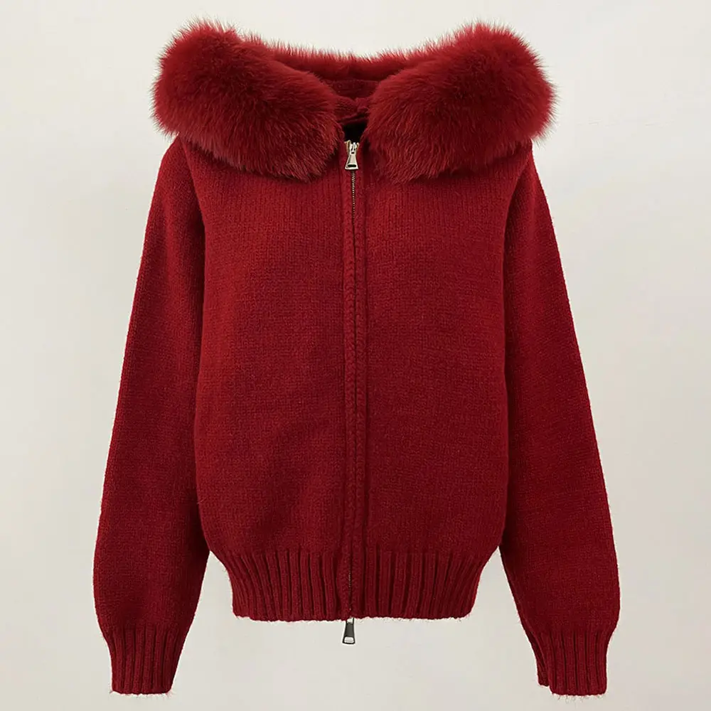 2024 Fashion Autumn Winter Casual Hooded Real Fox Fur Collar Fashion Short Knitted Jacket with Natural Fur Coat for Women