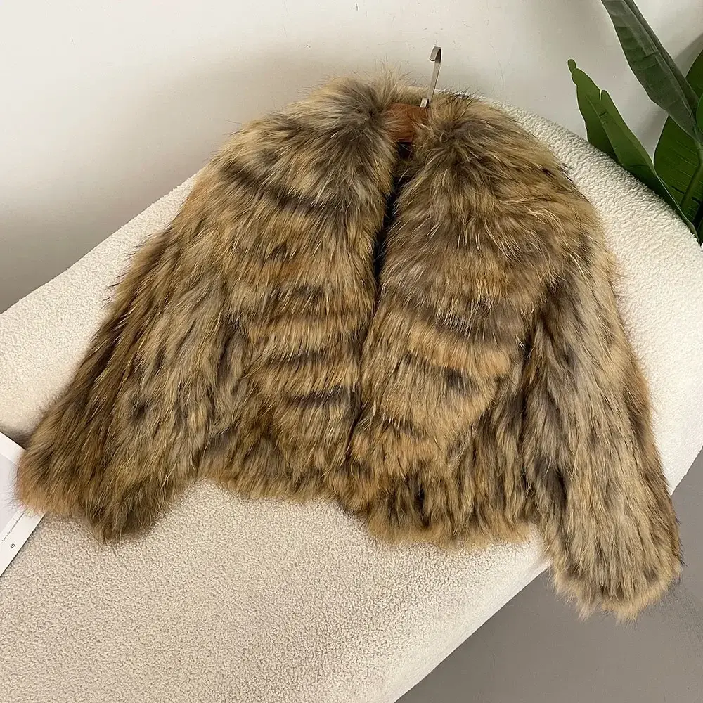 New Fluffy Luxury Fur Knitted Coat Women Winter Overcoat Real Natural Raccoon Fur Jacket Natural Fur Collar Outerwear Short