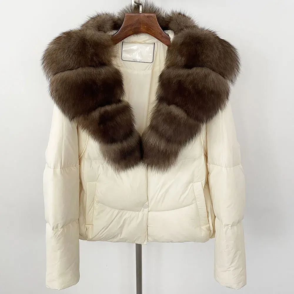 Autumn Winter Warm Raccoon Fur Jacket Female White Duck Down Coat Women Real Fox Fur Coat Lady Raccoon Fur Jacket Designer