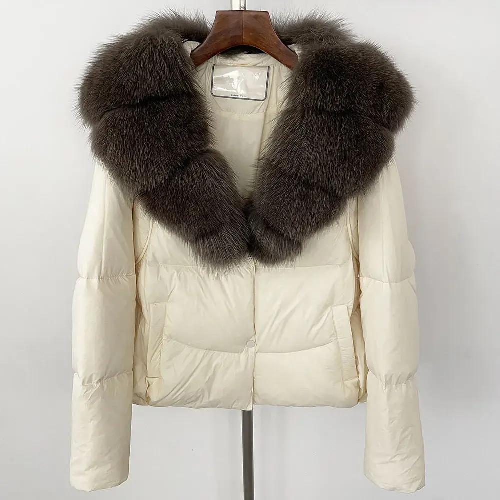 Autumn Winter Warm Raccoon Fur Jacket Female White Duck Down Coat Women Real Fox Fur Coat Lady Raccoon Fur Jacket Designer