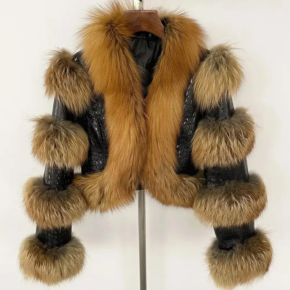 2024 Real Fur Coat Winter Jacket Women Genuine Leather Natural Raccoon Fox Fur Jacket Duck Down Outerwear Thick Warm Streetwear