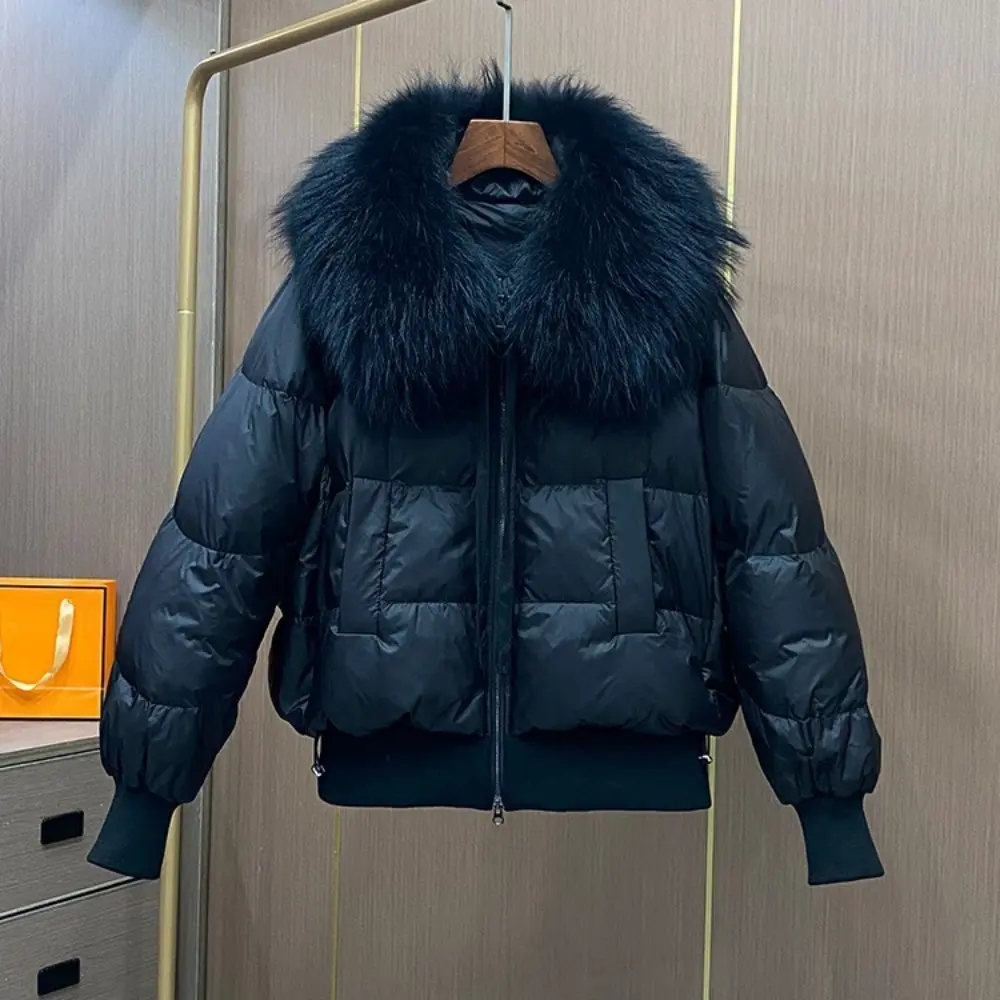 2024 Winter Women Natural Raccoon Fur Coat Female Short Puffer Jacket New Real Fur Jacket Thick Parka Loose White Duck Down Coat