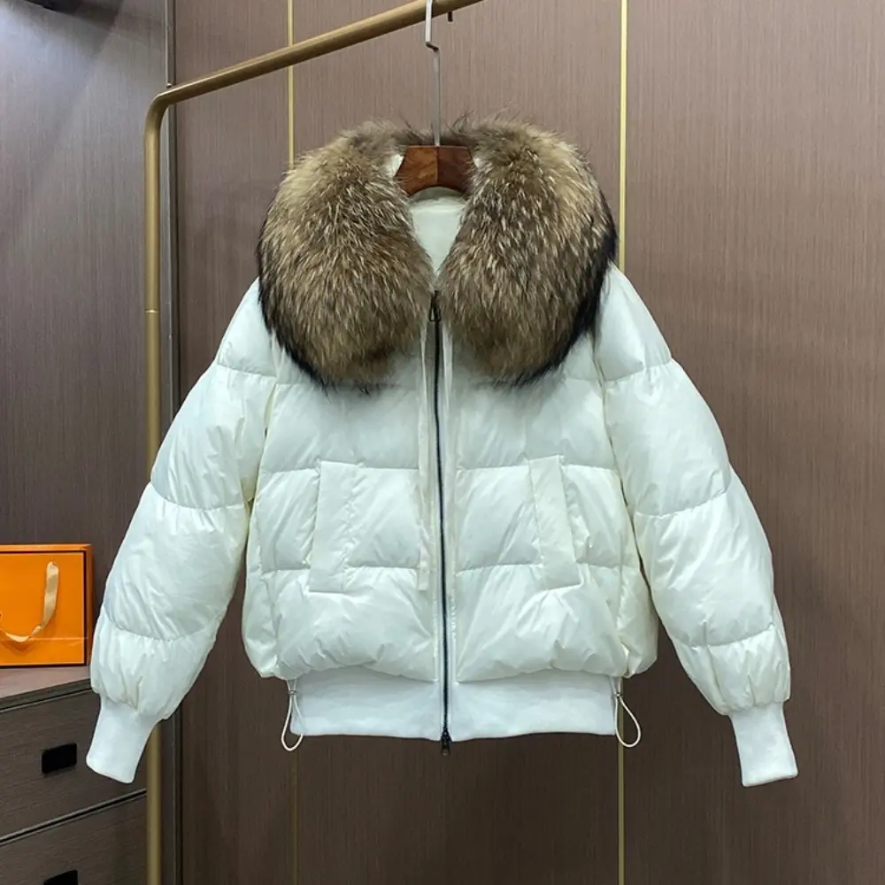 2024 Winter Women Natural Raccoon Fur Coat Female Short Puffer Jacket New Real Fur Jacket Thick Parka Loose White Duck Down Coat