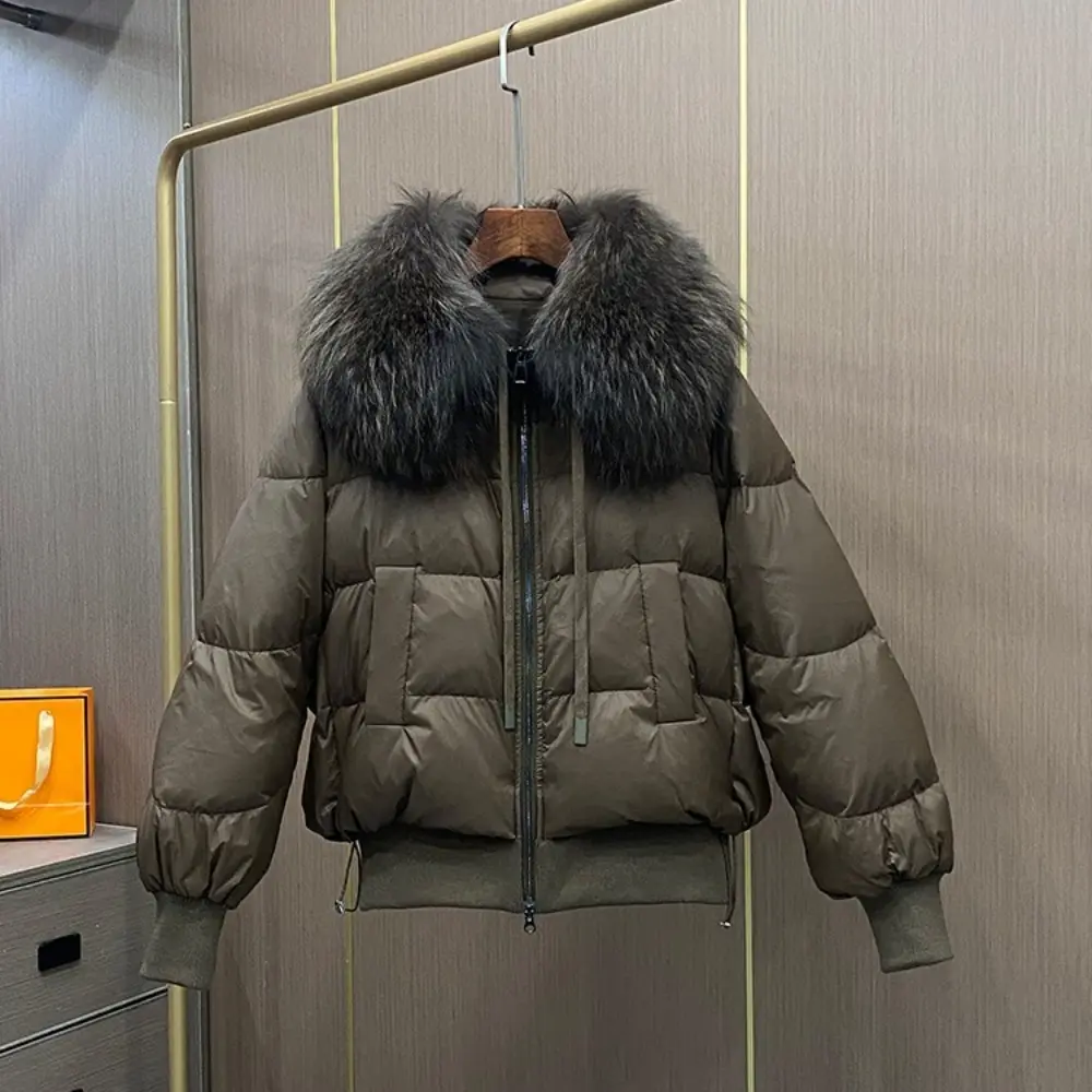 2024 Winter Women Natural Raccoon Fur Coat Female Short Puffer Jacket New Real Fur Jacket Thick Parka Loose White Duck Down Coat