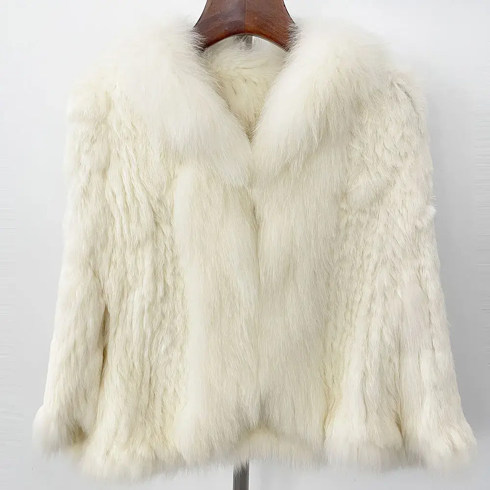 Autumn Winter Real Rabbit Fur Coat Natural Fox Fur Collar Knitted Shawl Fur Jacket 2024 Winter New Natural Real Rabbit Fur Coat
