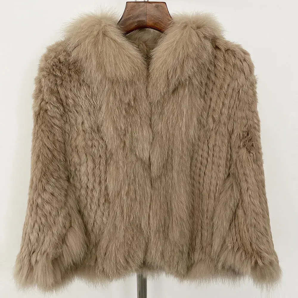 Autumn Winter Real Rabbit Fur Coat Natural Fox Fur Collar Knitted Shawl Fur Jacket 2024 Winter New Natural Real Rabbit Fur Coat