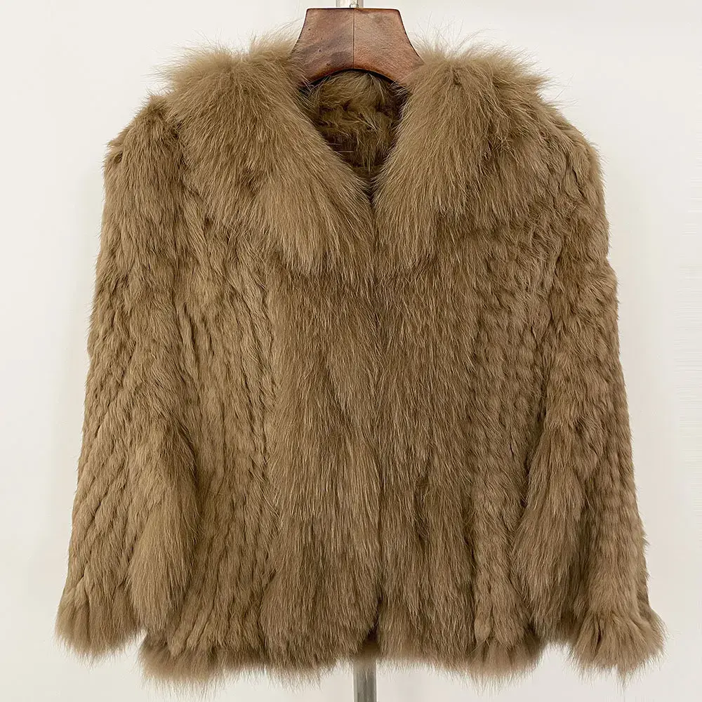 Autumn Winter Real Rabbit Fur Coat Natural Fox Fur Collar Knitted Shawl Fur Jacket 2024 Winter New Natural Real Rabbit Fur Coat