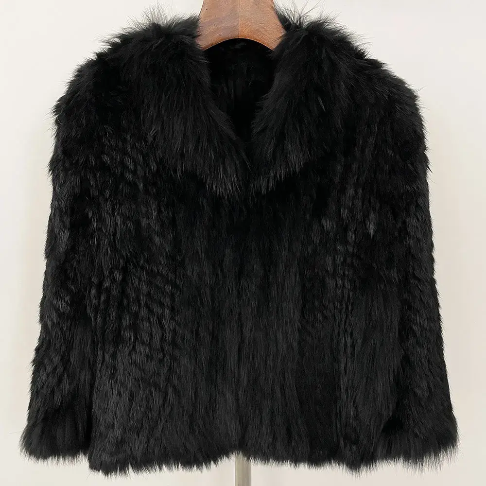 Autumn Winter Real Rabbit Fur Coat Natural Fox Fur Collar Knitted Shawl Fur Jacket 2024 Winter New Natural Real Rabbit Fur Coat