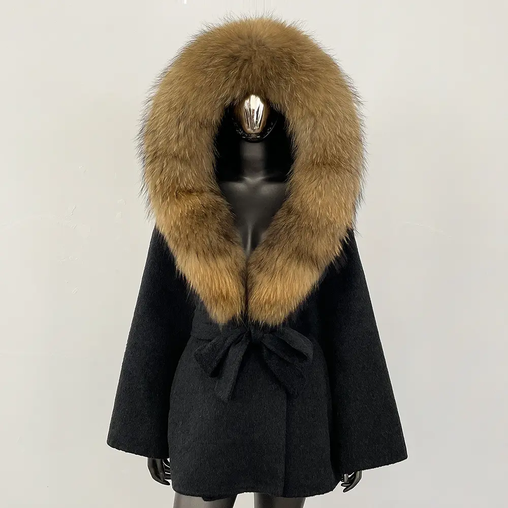 Wool blend Coat Women Real Fox Fur Collar Spring Autumn Coat Jacket Fur Scarf Suit Fluffy Fur Shawl Fur Cuff Wraps Scarves