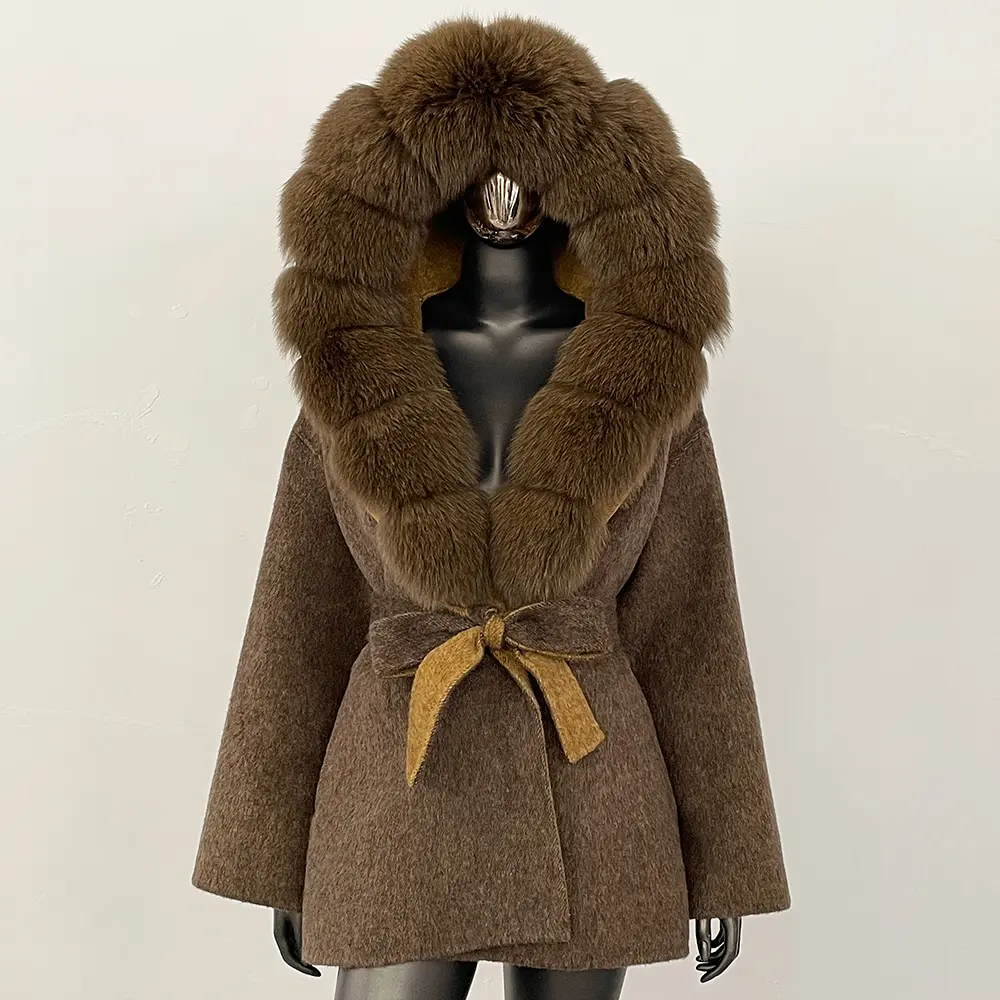 Wool blend Coat Women Real Fox Fur Collar Spring Autumn Coat Jacket Fur Scarf Suit Fluffy Fur Shawl Fur Cuff Wraps Scarves