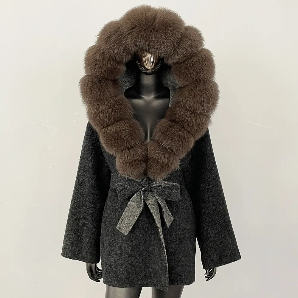 Wool blend Coat Women Real Fox Fur Collar Spring Autumn Coat Jacket Fur Scarf Suit Fluffy Fur Shawl Fur Cuff Wraps Scarves