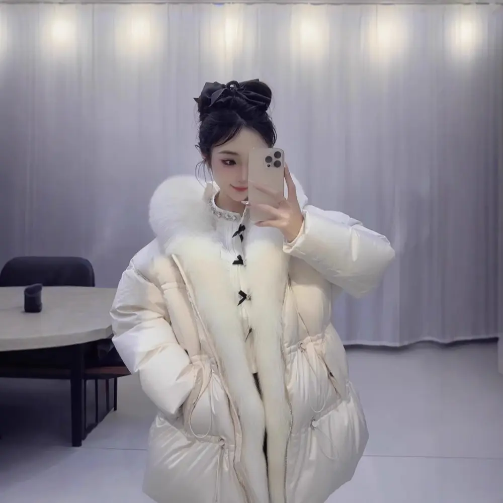 Down Jacket High End Winter Real Natural Fox Fur Collar White Goose Down Coat Women Thickened Warm Loose Short Puffer Jacket