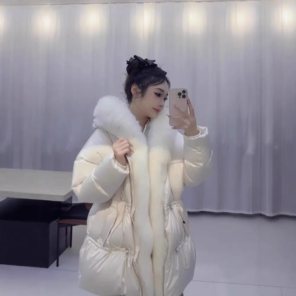 Down Jacket High End Winter Real Natural Fox Fur Collar White Goose Down Coat Women Thickened Warm Loose Short Puffer Jacket