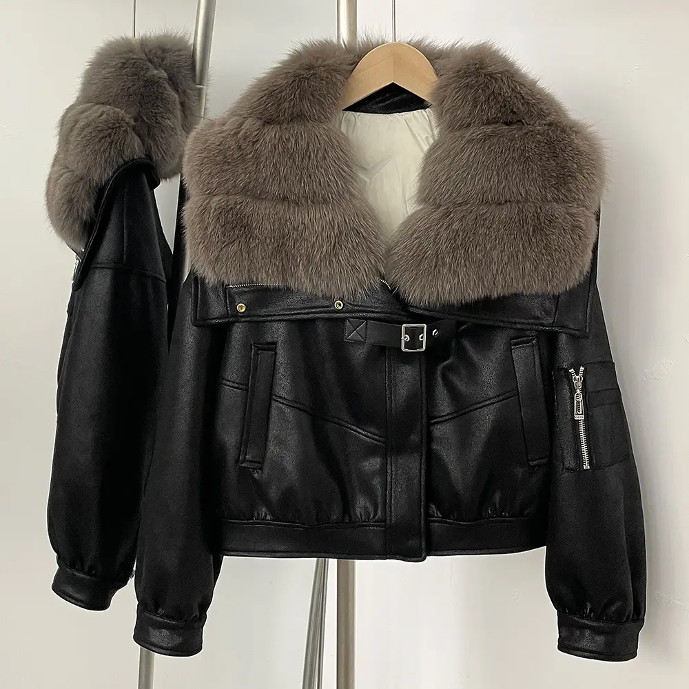 Down Jacket Natural Fox Fur Collar Short Jacket Women Winter Clothing Fluffy Puffer Jacket Suede Female Thick Duck Down Coat