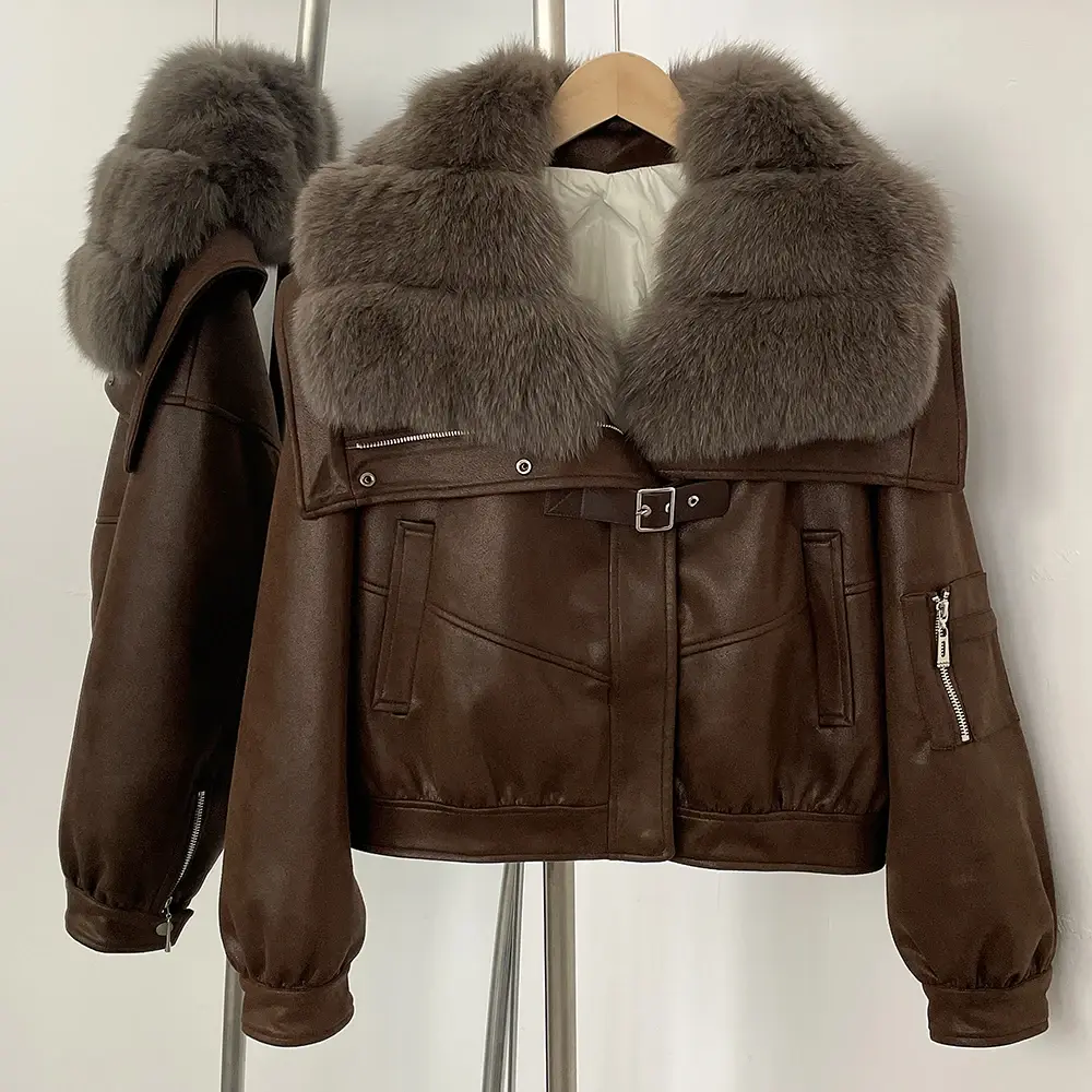 Down Jacket Natural Fox Fur Collar Short Jacket Women Winter Clothing Fluffy Puffer Jacket Suede Female Thick Duck Down Coat