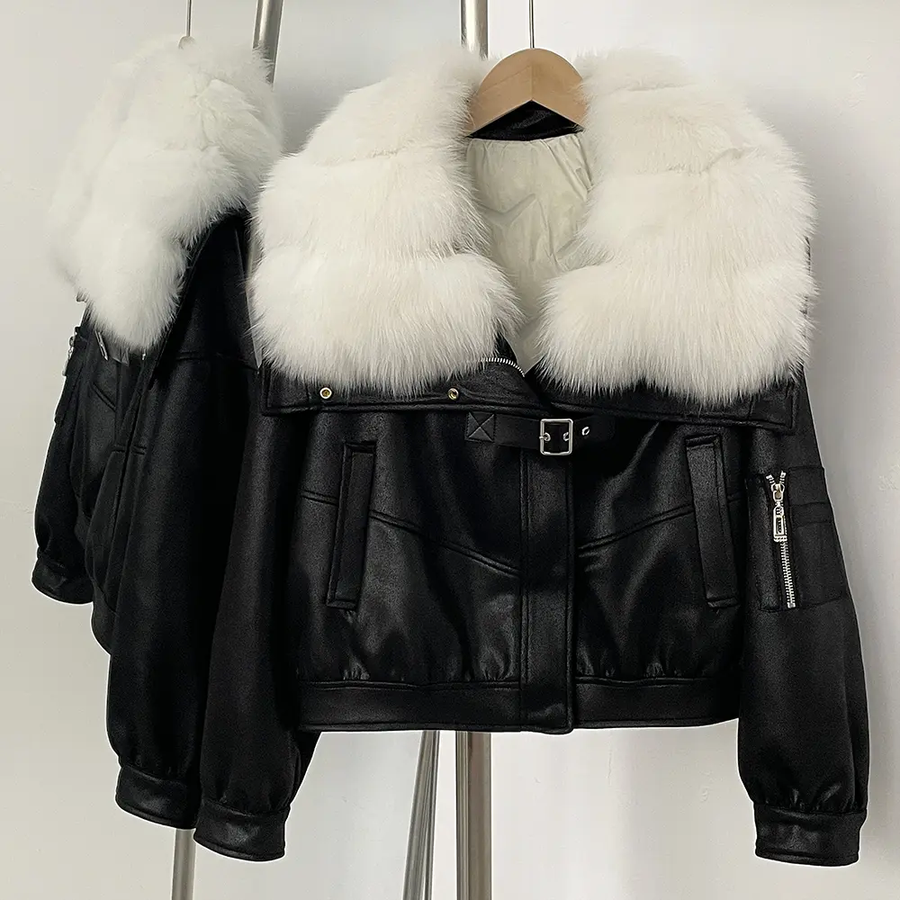Down Jacket Natural Fox Fur Collar Short Jacket Women Winter Clothing Fluffy Puffer Jacket Suede Female Thick Duck Down Coat