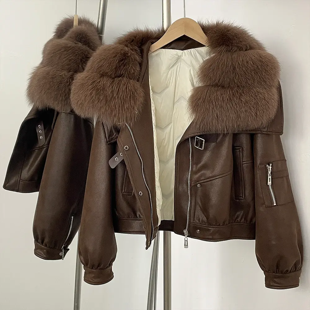 Down Jacket Natural Fox Fur Collar Short Jacket Women Winter Clothing Fluffy Puffer Jacket Suede Female Thick Duck Down Coat