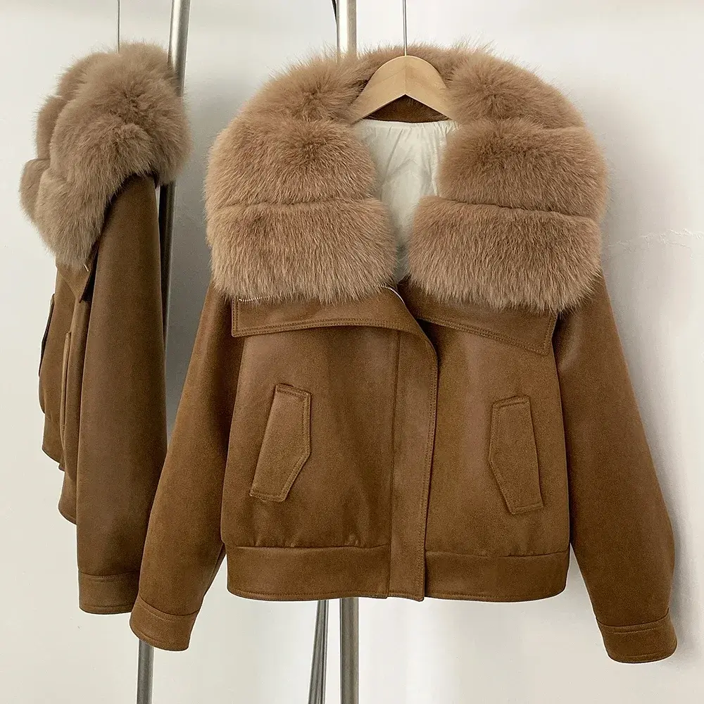 Down Jacket Real Fox Fur Collar Winter Clothing Women Short White Duck Down Coat Lady Warm Suede Fur Puffer Jacket Female