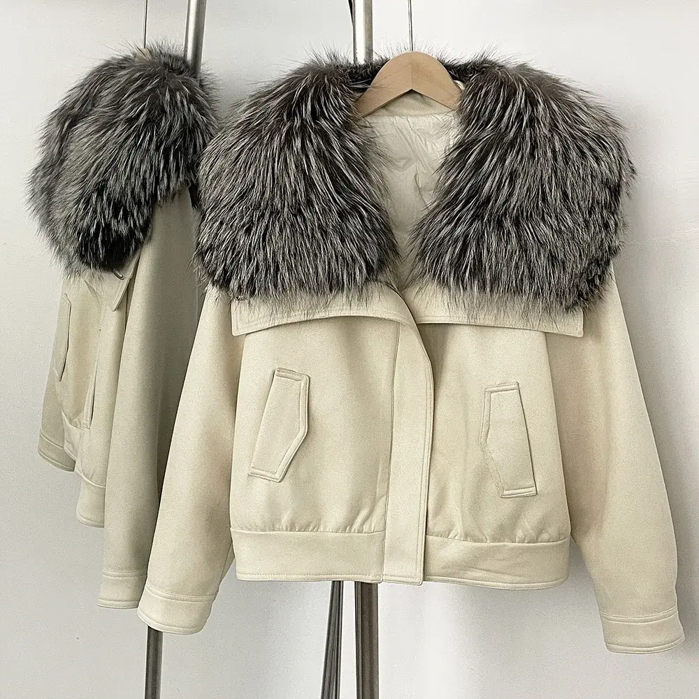 Down Jacket Real Fox Fur Collar Winter Clothing Women Short White Duck Down Coat Lady Warm Suede Fur Puffer Jacket Female