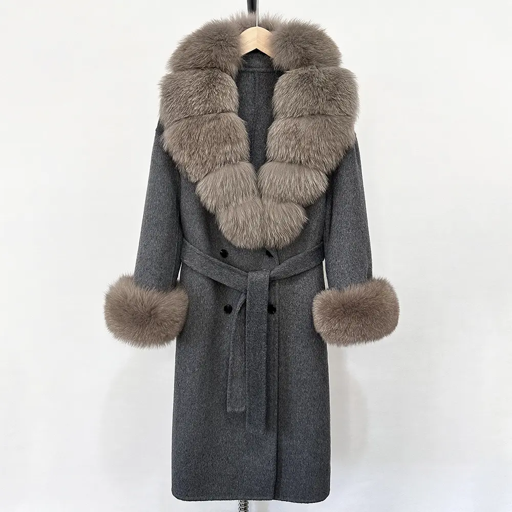 Wool Blends Coat Long Natural Woolen Coat Women New Autumn Winter Clothes Fashion Warm Wool Real Fox Fur Jacket Overcoat