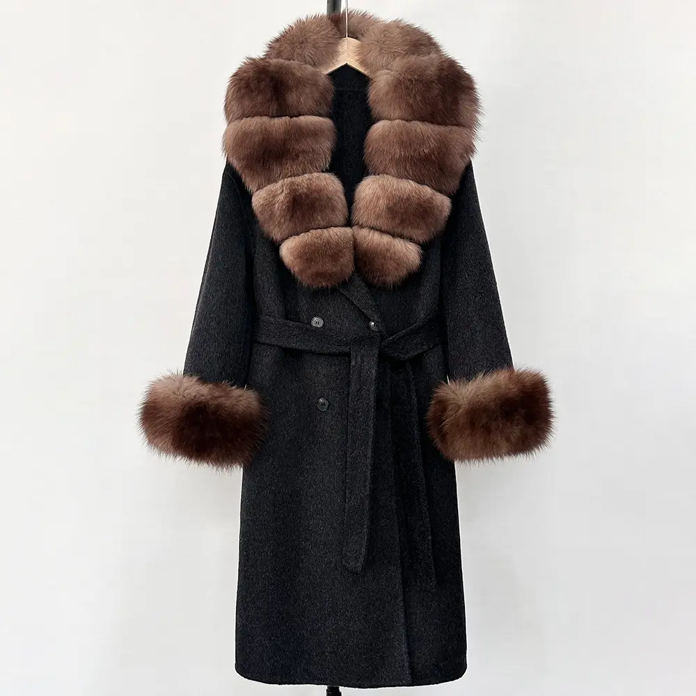 Wool Blends Coat Long Natural Woolen Coat Women New Autumn Winter Clothes Fashion Warm Wool Real Fox Fur Jacket Overcoat