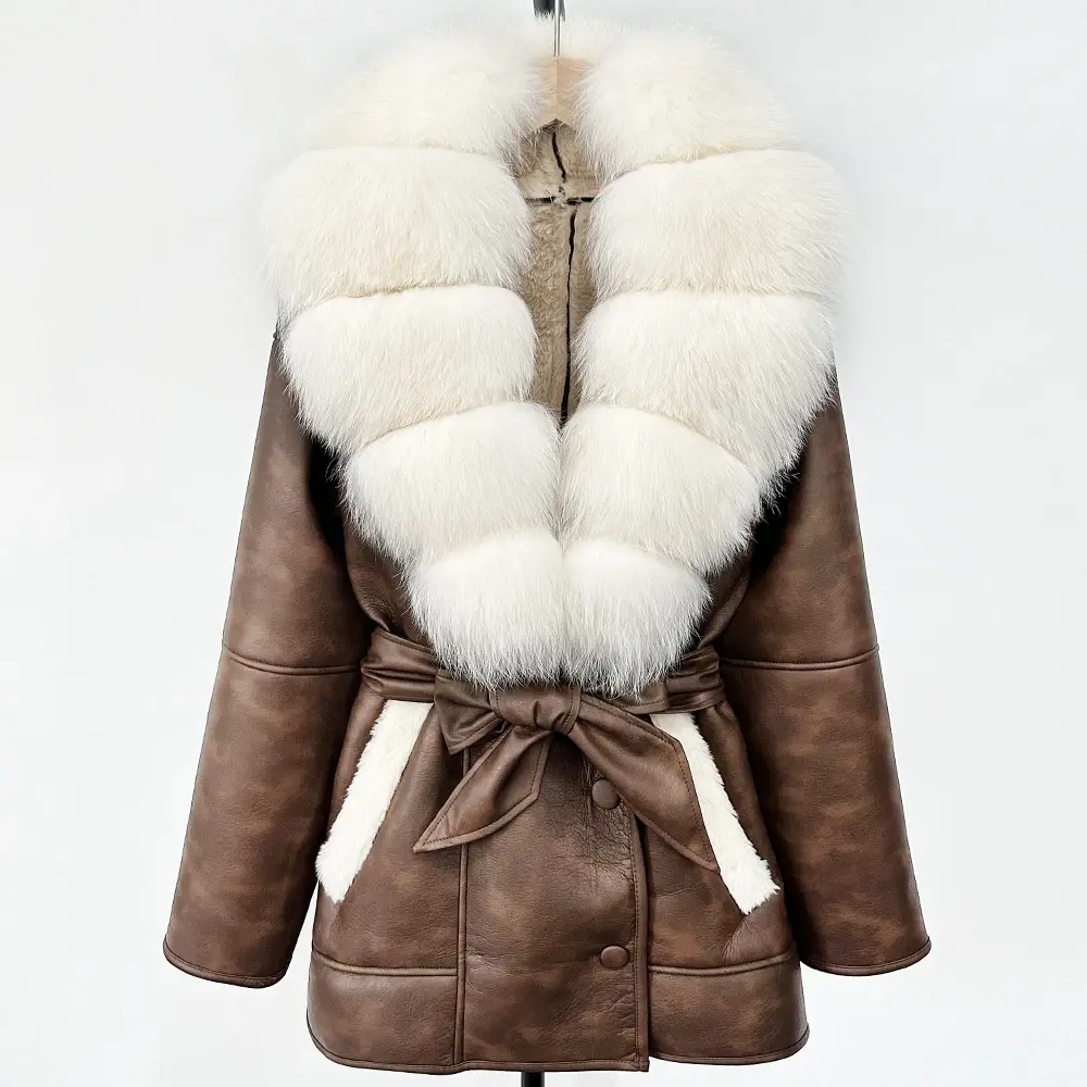 Real fur coat Large Natural Fox Fur Coat 2025 New Women Thick Warm Retro Lamb Fur Jacket Belt Winter Female Parkas Outwear