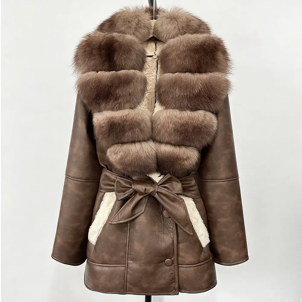 Real fur coat Large Natural Fox Fur Coat 2025 New Women Thick Warm Retro Lamb Fur Jacket Belt Winter Female Parkas Outwear