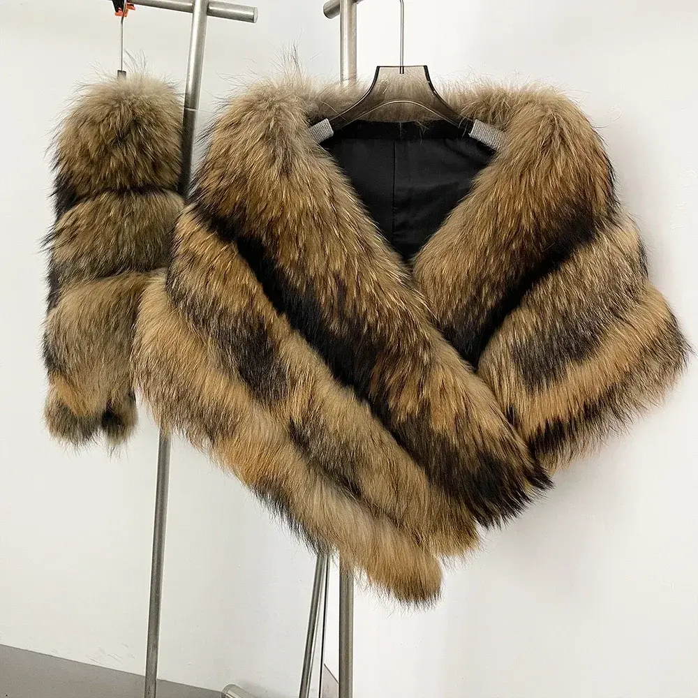 Fur Jacket Clothes Lady Natural Raccoon Fur Coat Shawl Women 2025 Winter Top Clothing Fashion Warm Real Fur Cloak Tippet Female