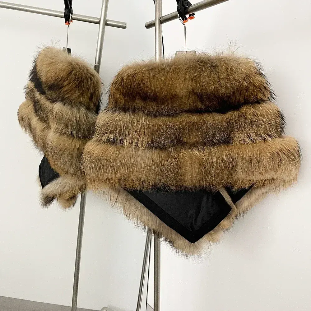 Fur Jacket Clothes Lady Natural Raccoon Fur Coat Shawl Women 2025 Winter Top Clothing Fashion Warm Real Fur Cloak Tippet Female
