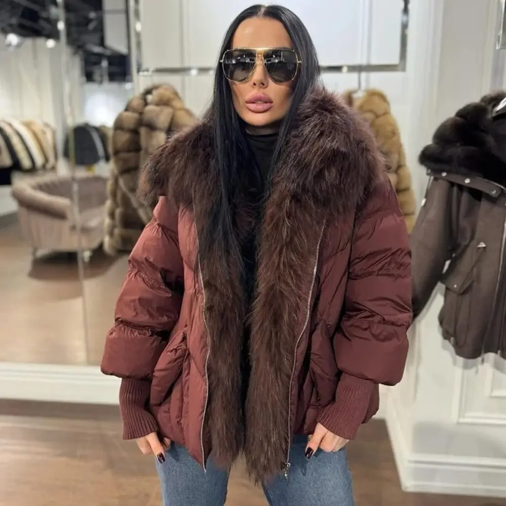 Down Jacket New Winter Large Real Raccoon Fur Puffer Coat Women Knit Sleeve White Duck Down Jacket Oversized Feather Parka
