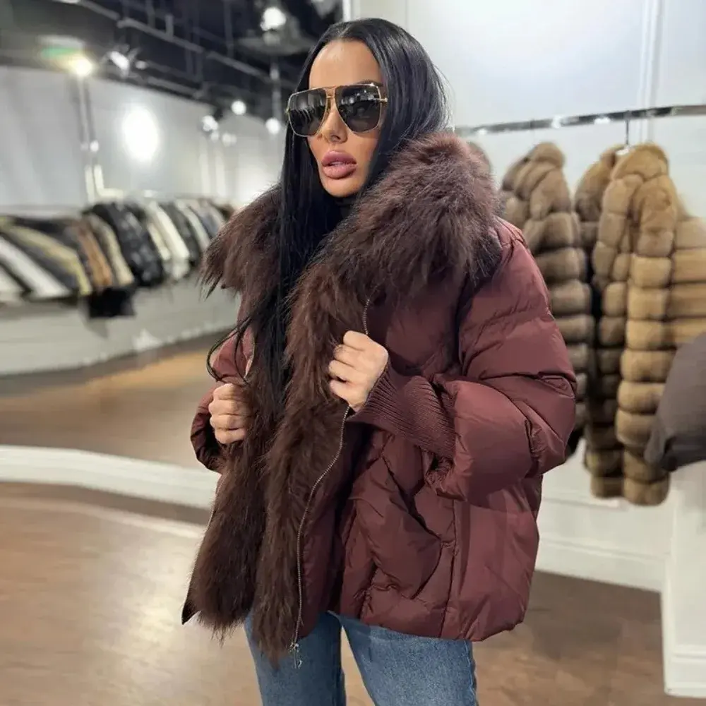 Down Jacket New Winter Large Real Raccoon Fur Puffer Coat Women Knit Sleeve White Duck Down Jacket Oversized Feather Parka