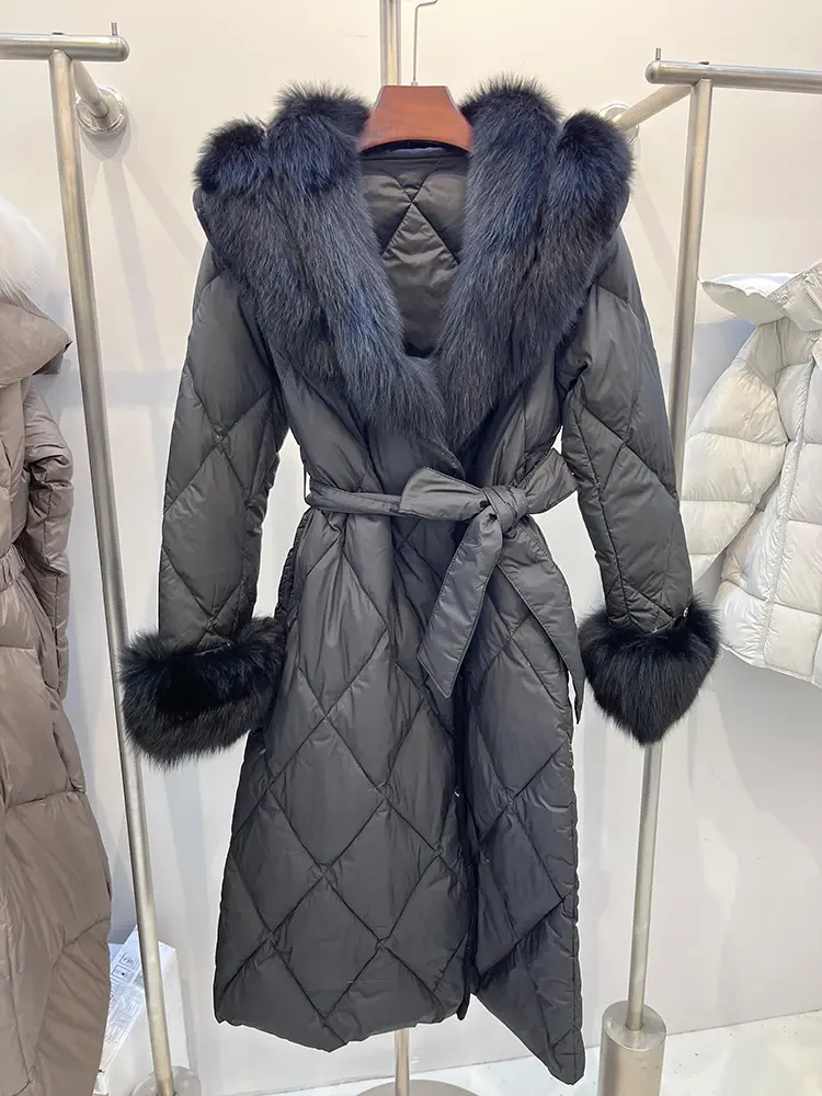 Down Jacket Fashion Winter Women Long Goose Down Jacket Natural Real Big Fox Fur Collar Thick Warm Belt Parka Luxury Fur Coat