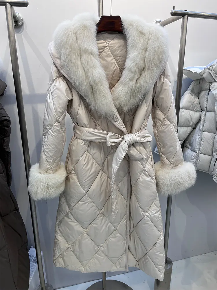 Down Jacket Fashion Winter Women Long Goose Down Jacket Natural Real Big Fox Fur Collar Thick Warm Belt Parka Luxury Fur Coat