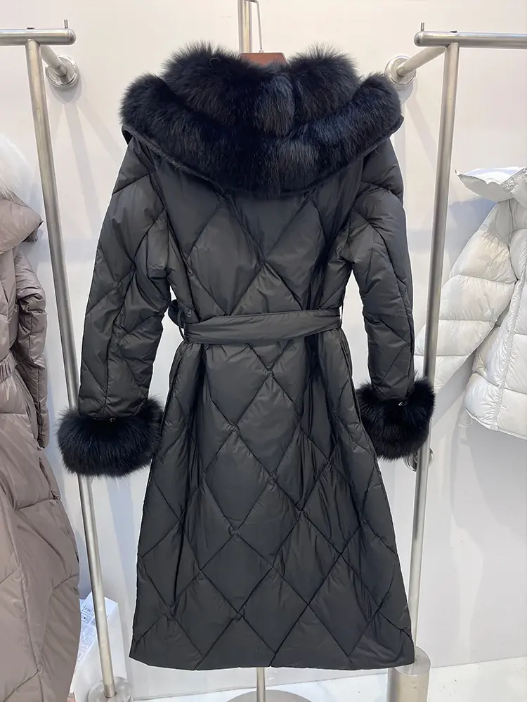 Down Jacket Fashion Winter Women Long Goose Down Jacket Natural Real Big Fox Fur Collar Thick Warm Belt Parka Luxury Fur Coat