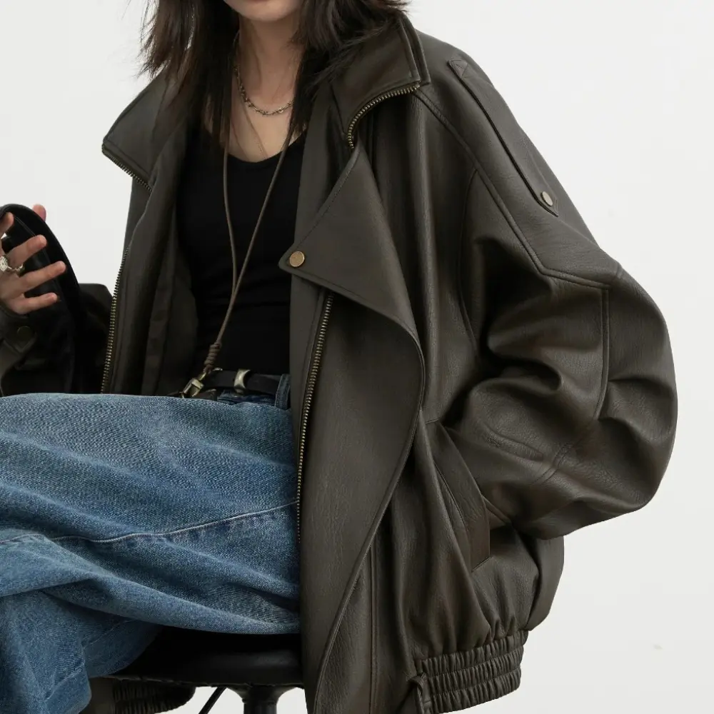 PU Jacket Female Solid Loose New Retro Standing Collar Motorcycle Faux Leather Coat Female Top Spring Autumn 2025 Coat Vintage