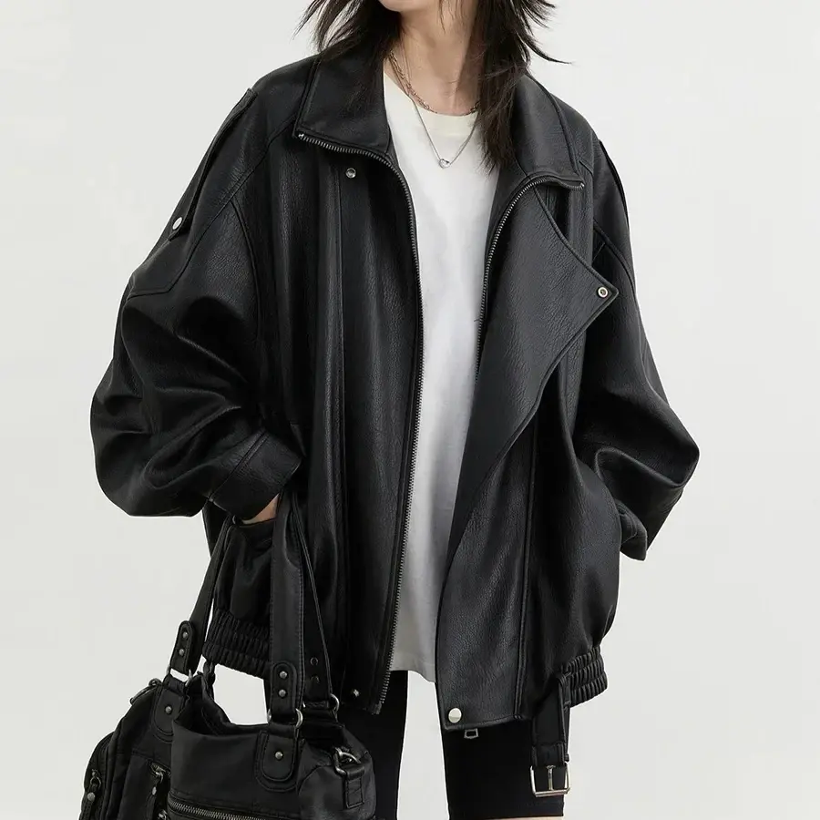 PU Jacket Female Solid Loose New Retro Standing Collar Motorcycle Faux Leather Coat Female Top Spring Autumn 2025 Coat Vintage
