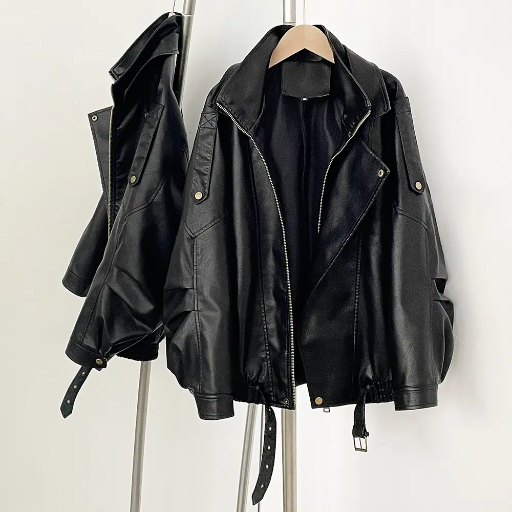 PU Jacket Female Solid Loose New Retro Standing Collar Motorcycle Faux Leather Coat Female Top Spring Autumn 2025 Coat Vintage