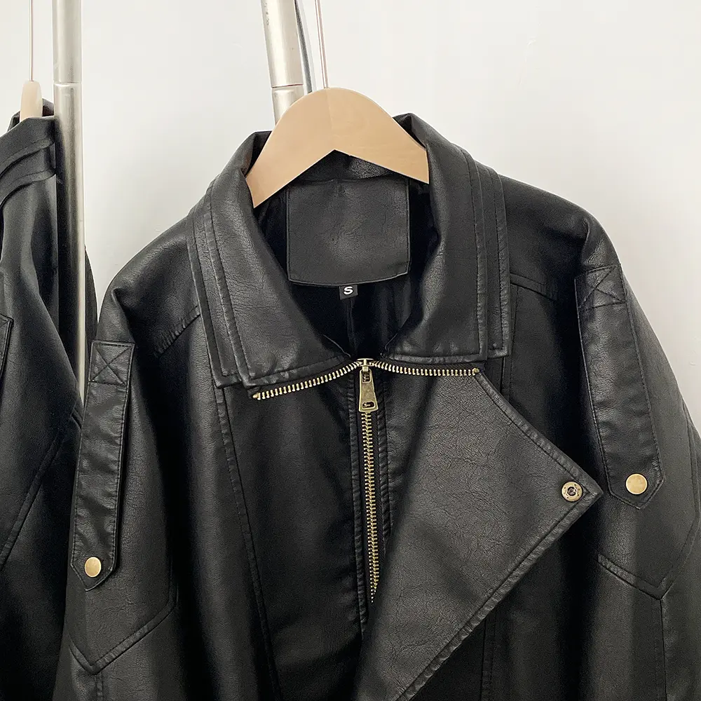 PU Jacket Female Solid Loose New Retro Standing Collar Motorcycle Faux Leather Coat Female Top Spring Autumn 2025 Coat Vintage